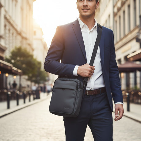 Man in a suit holding a grey bag on a city street