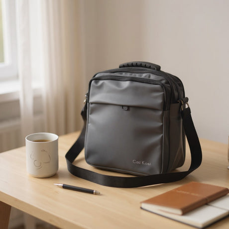 Grey bag on a wooden table with a mug, pen, and notebook