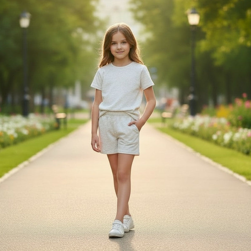 Girl in a grey tee and matching shorts set on a park path