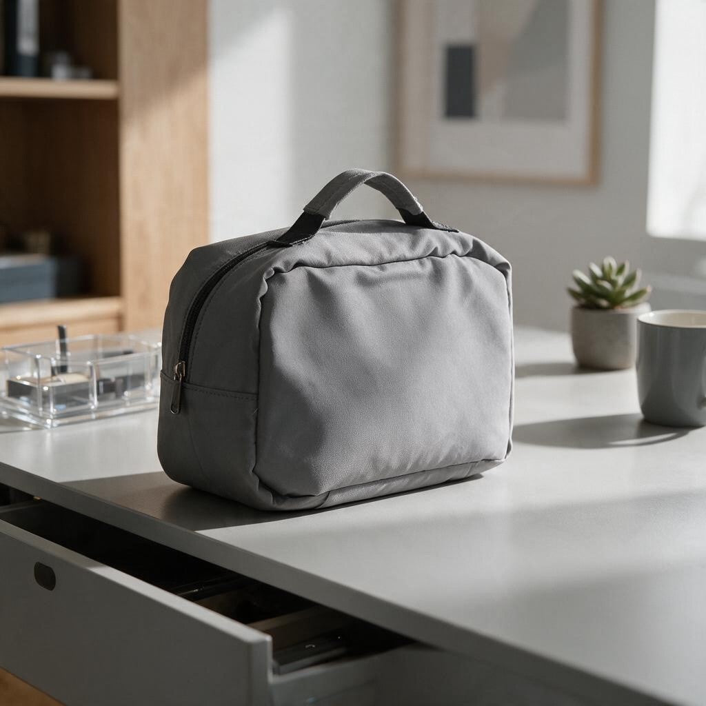 Grey zip travel pouch with a top handle sitting on a desk beside a small plant