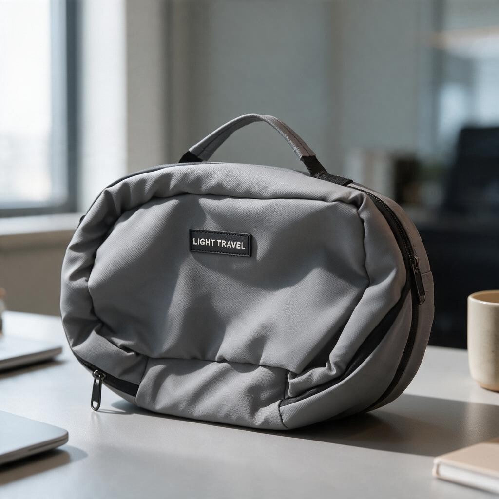 Grey padded travel pouch with a carry handle and Light Travel patch on a desk