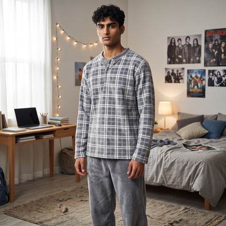 Grey and white plaid fleece pyjama top with buttoned neck worn with plain grey bottoms