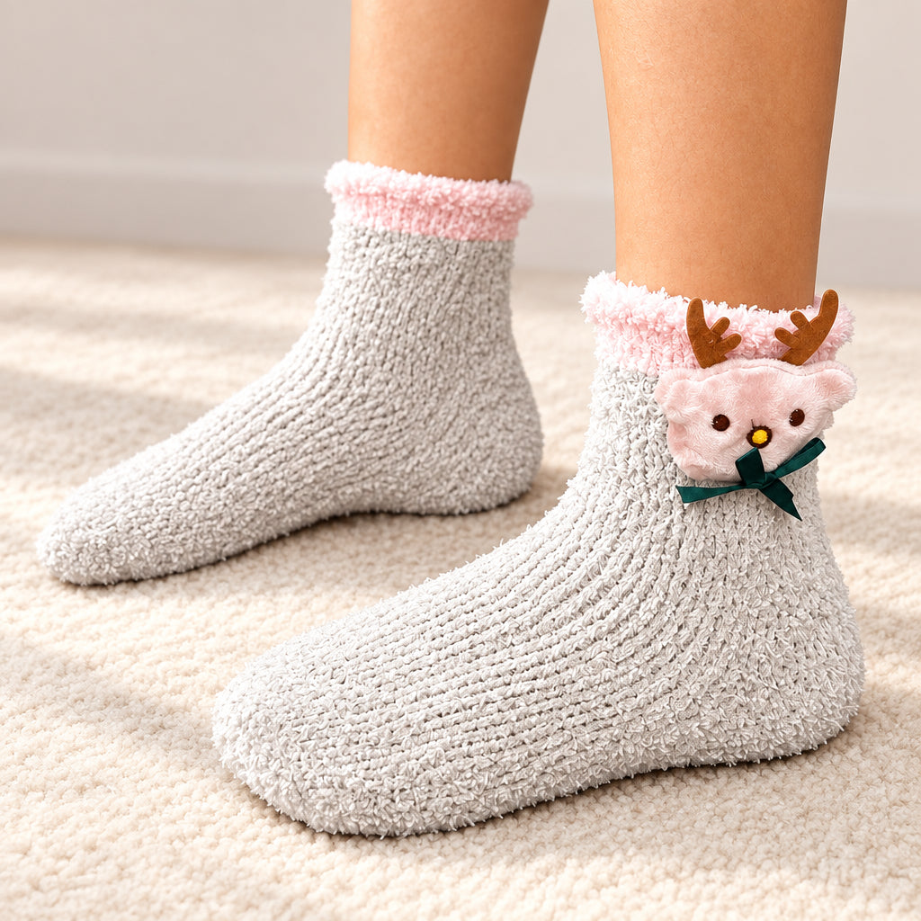Grey fuzzy kids socks with a pink cuff and a plush reindeer face with brown antlers