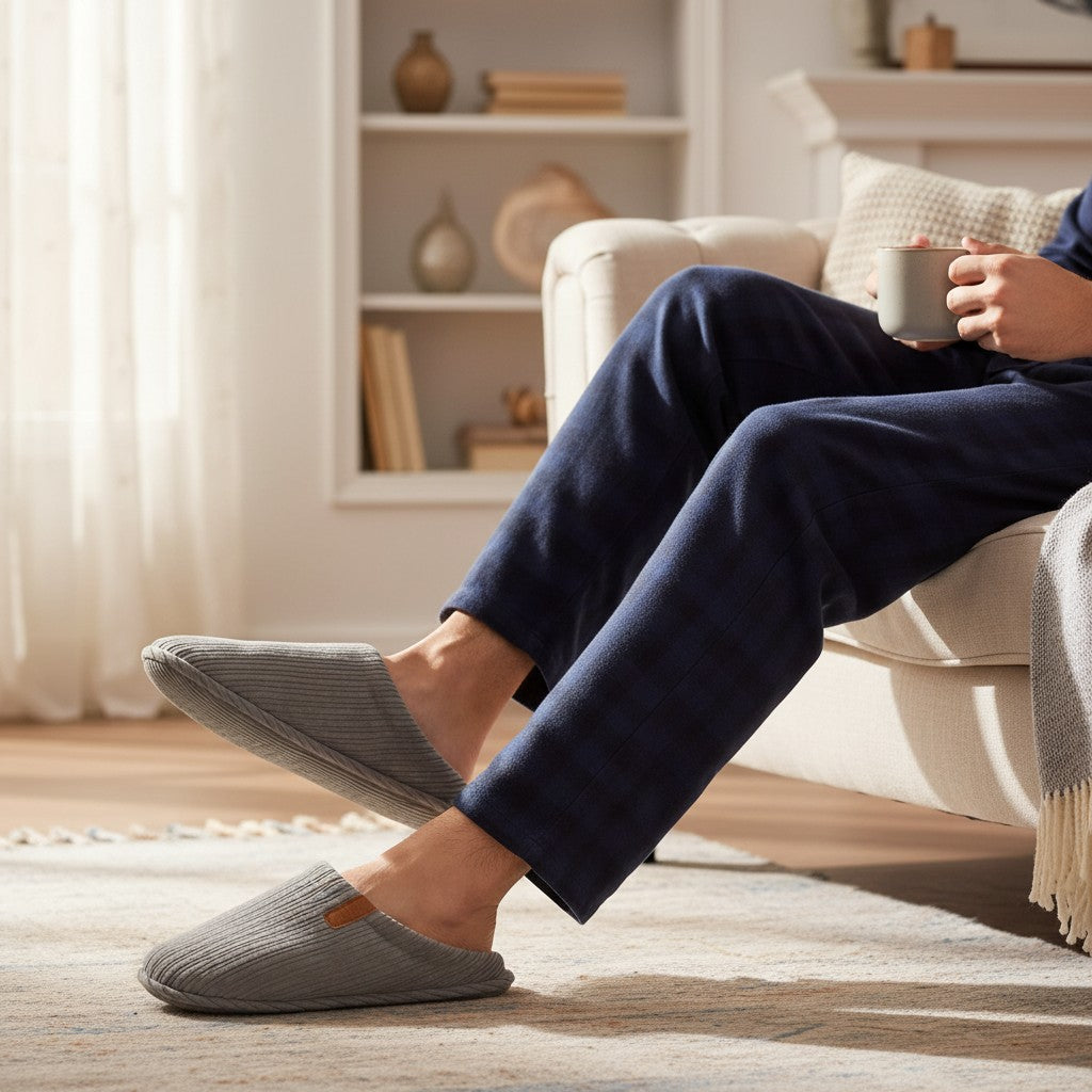 Grey ribbed slippers worn on a rug beside a sofa in checked lounge trousers