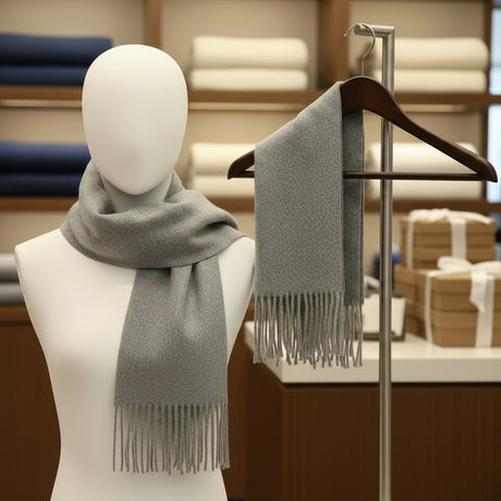 Grey scarf on a mannequin and hanger in a store setting