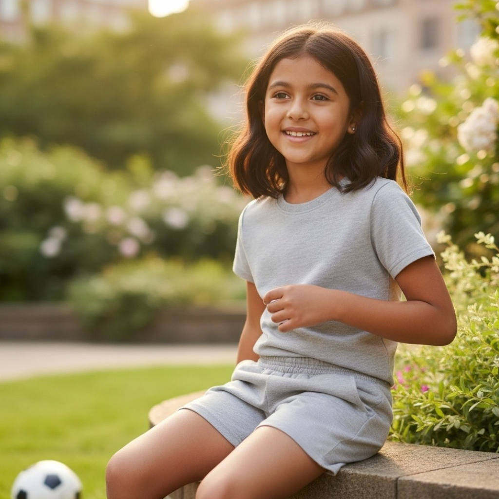 Girl in a plain grey tee and matching shorts set outdoors