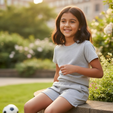 Girl in a plain grey tee and matching shorts set outdoors
