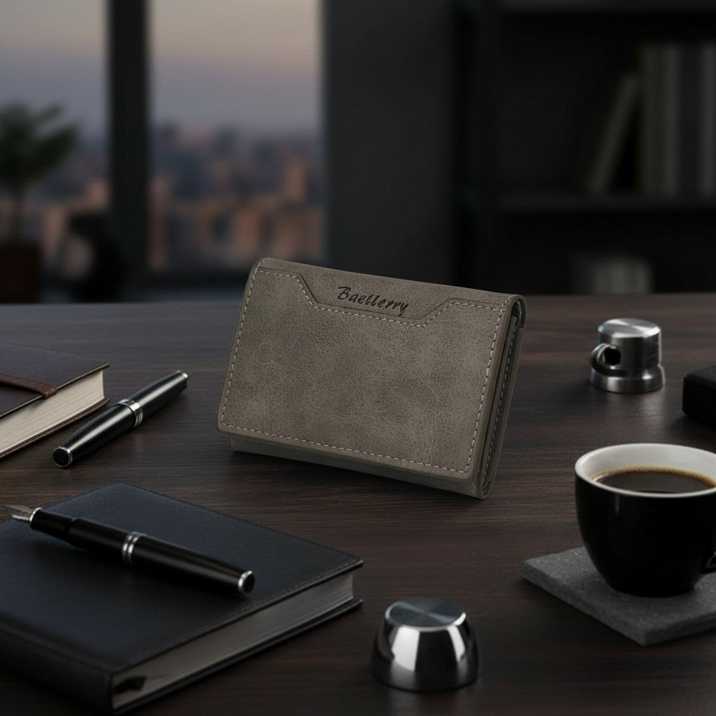 Gray wallet on a wooden desk with a notebook, pen, and coffee cup.