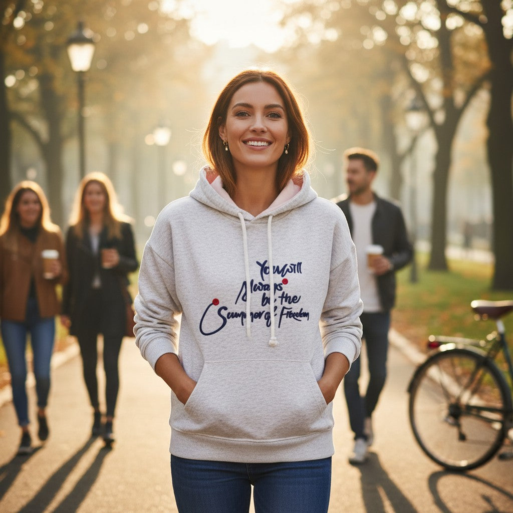 Grey slogan hoodie styled with jeans on a tree lined path