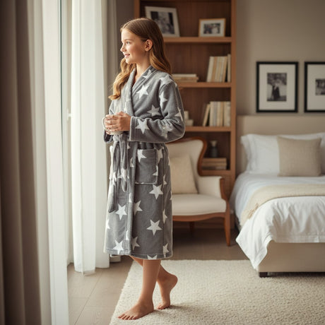 Girl standing barefoot by a window in a grey robe with white stars