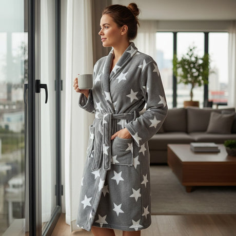Woman in a grey star print robe with a mug by a floor to ceiling window
