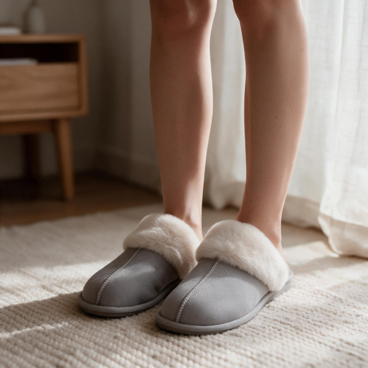 Woman standing on a rug in grey suede look slippers with cream fur collars