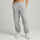 Grey sweatpants worn by a person on a plain background