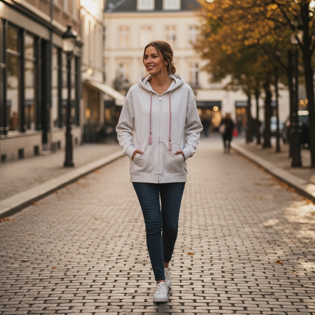 Woman walking on a cobbled street in a grey zip hoodie with pockets