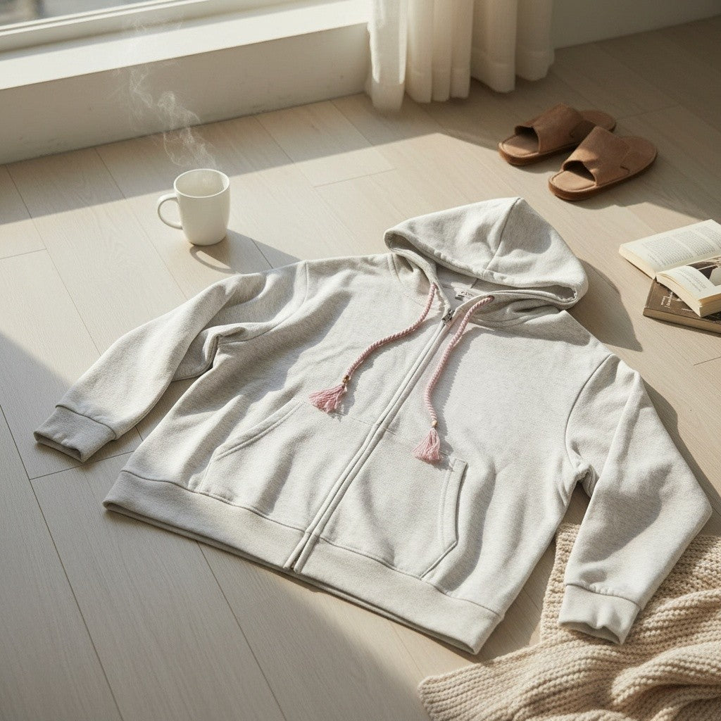 Grey zip up hoodie with pink tassel drawstrings laid flat on a wooden floor