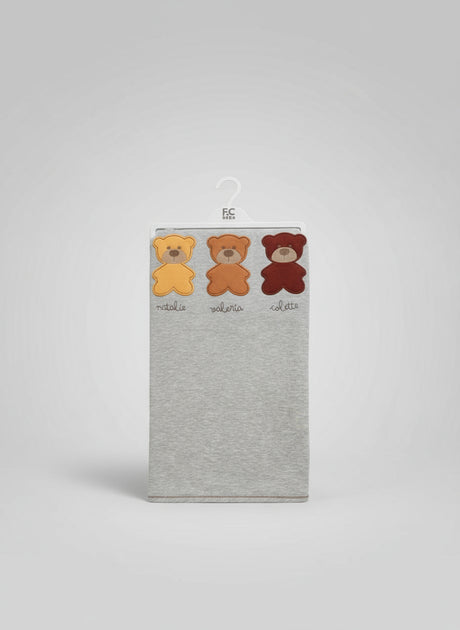 Heather grey newborn blanket on a hanger in clear packaging, mustard, orange and burgundy bear patches