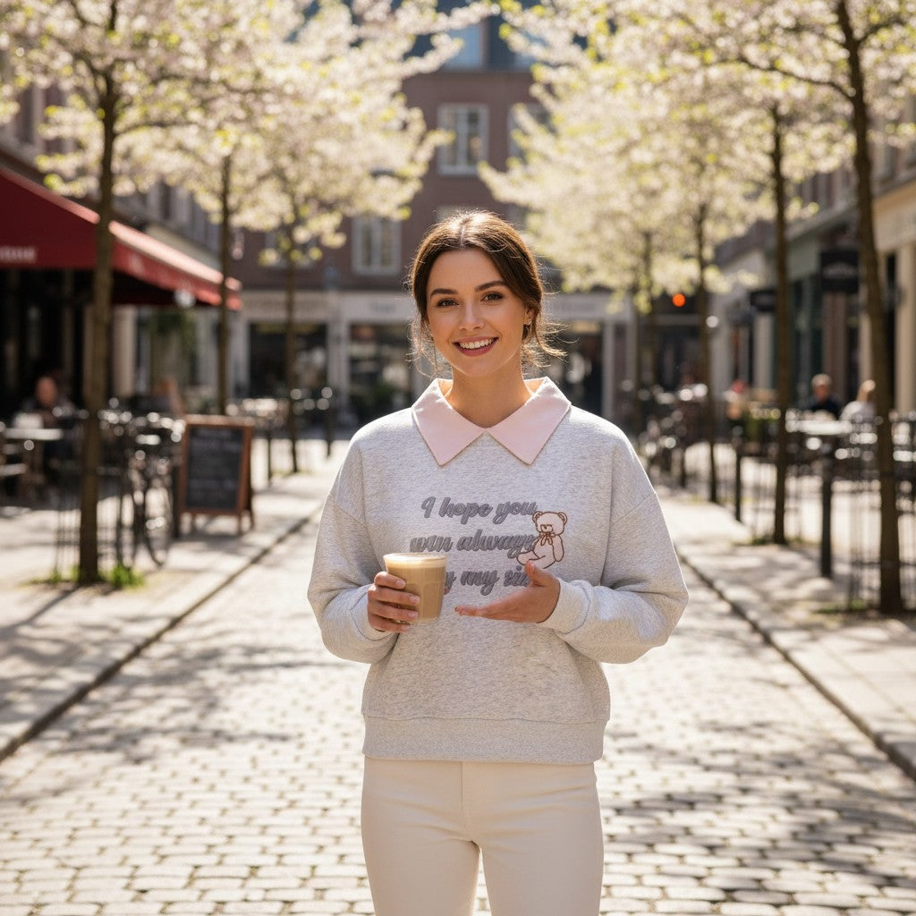 Attached pink shirt collar shown at the neckline of the grey sweatshirt