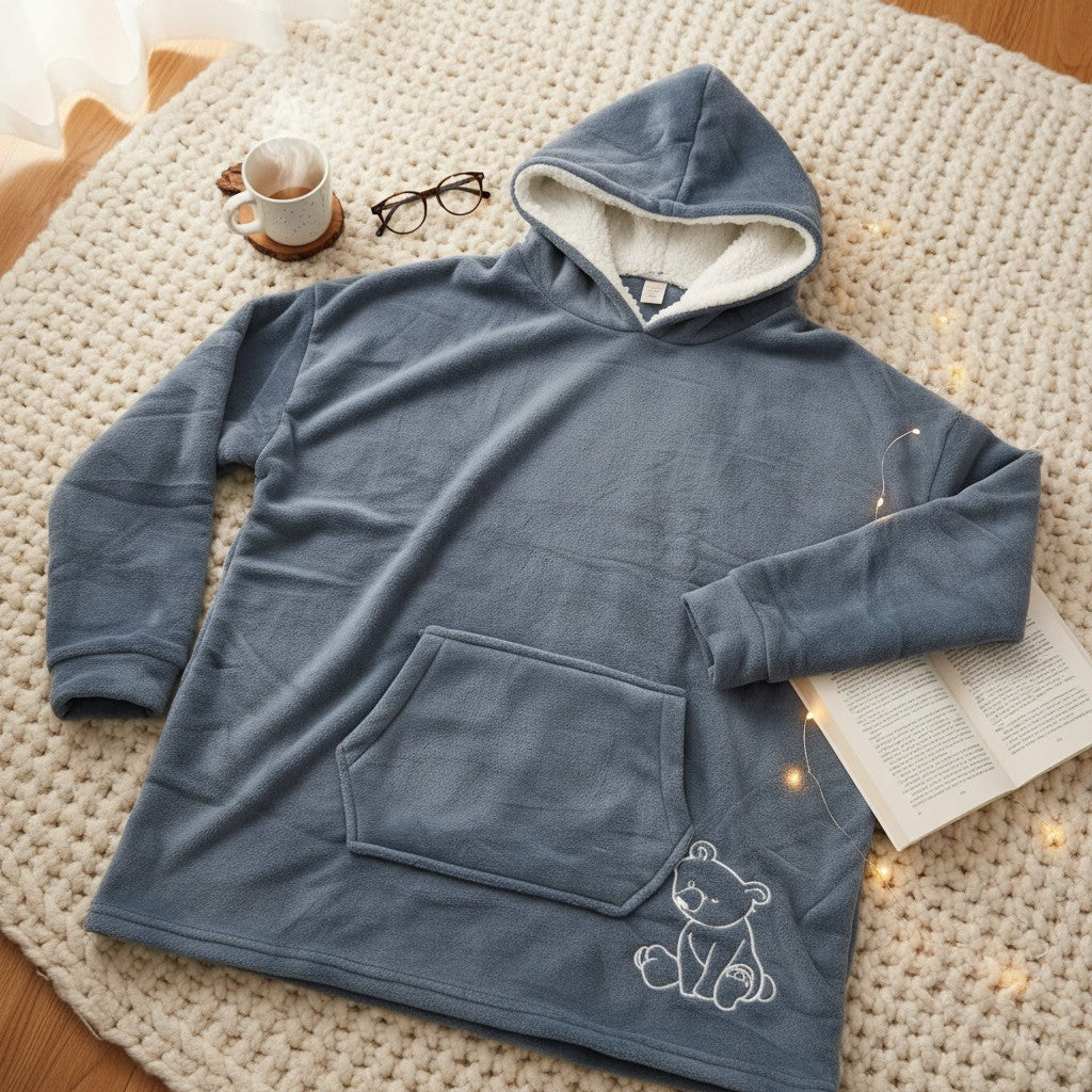 Slate grey hooded blanket laid flat on a knitted rug showing the bear motif and pocket