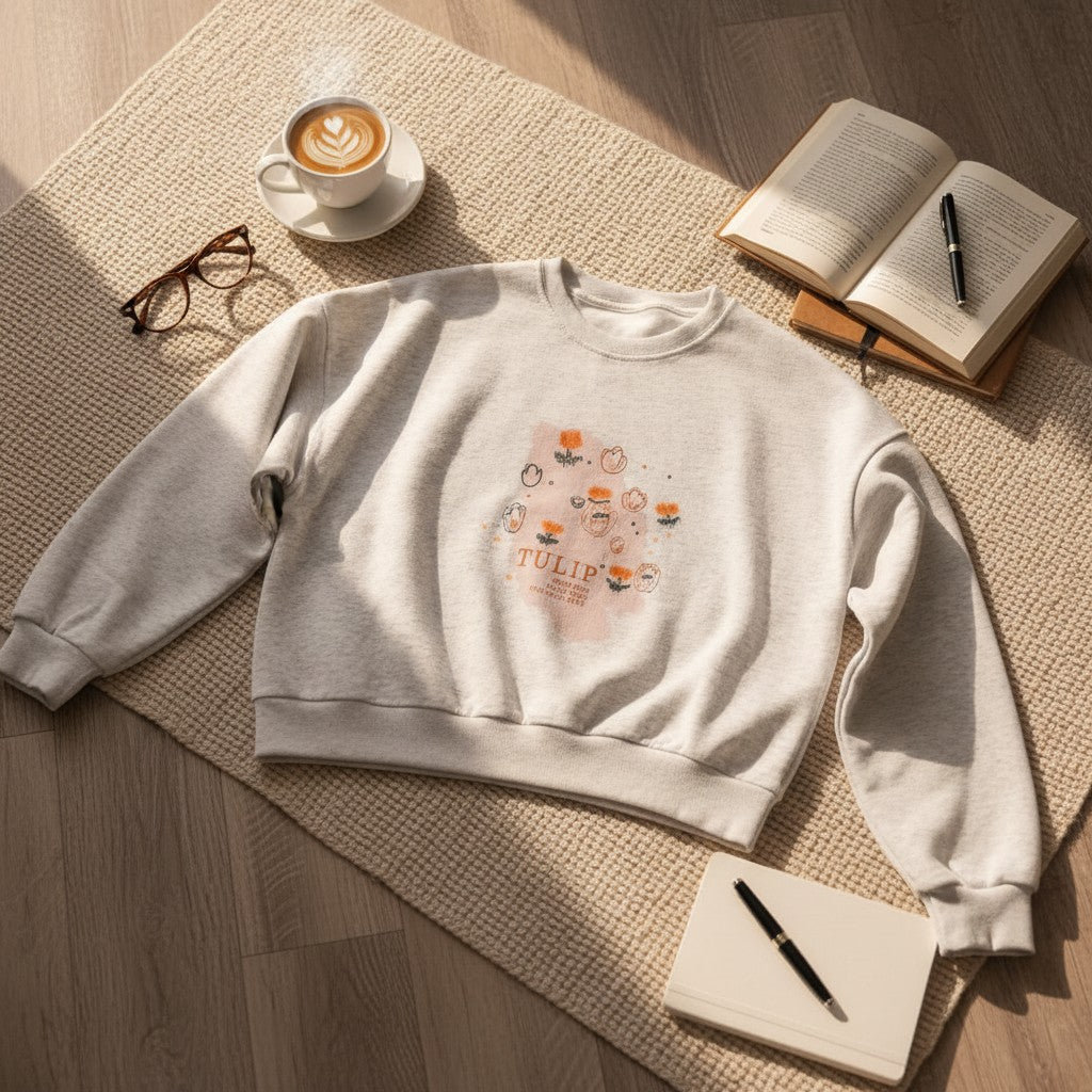 Grey marl tulip print sweatshirt laid flat on a jute rug with coffee and a book