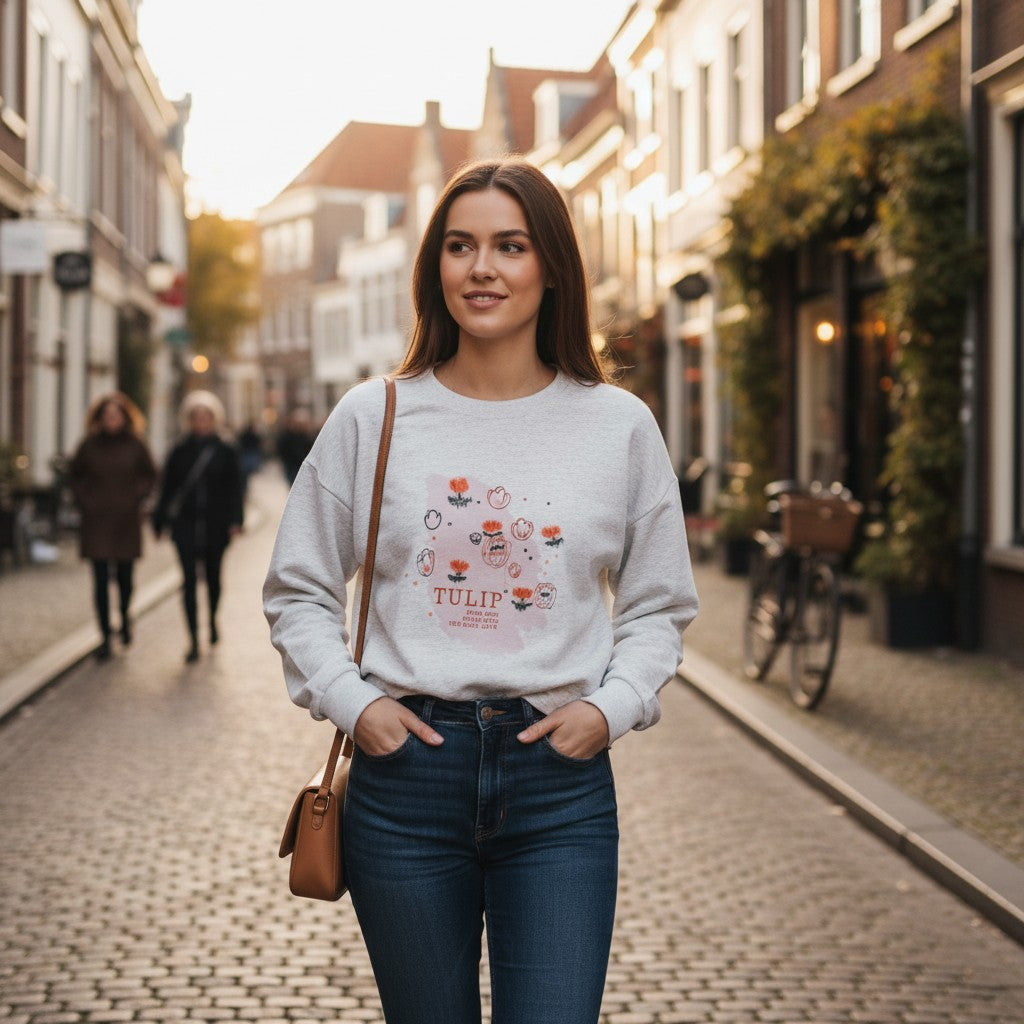 Grey marl tulip print sweatshirt with a red tulip design worn on a cobbled street