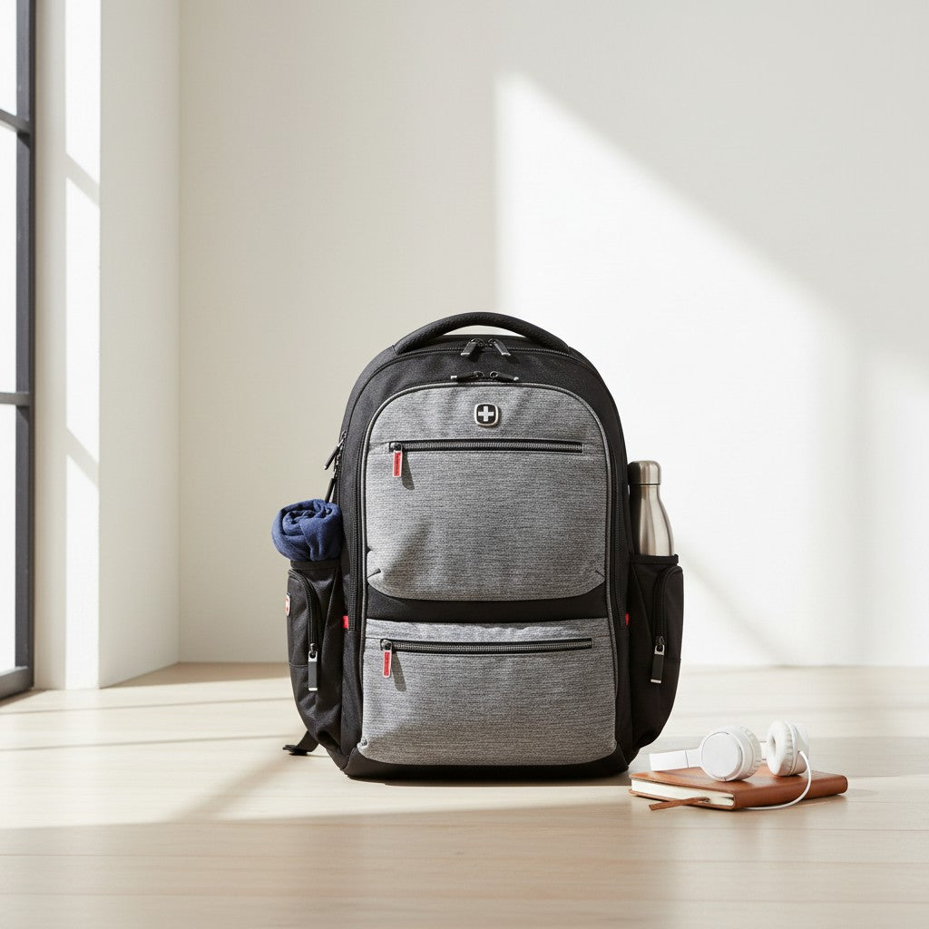 Grey and black travel backpack with laptop compartment and side pockets, Jack Gifts Online Lebanon