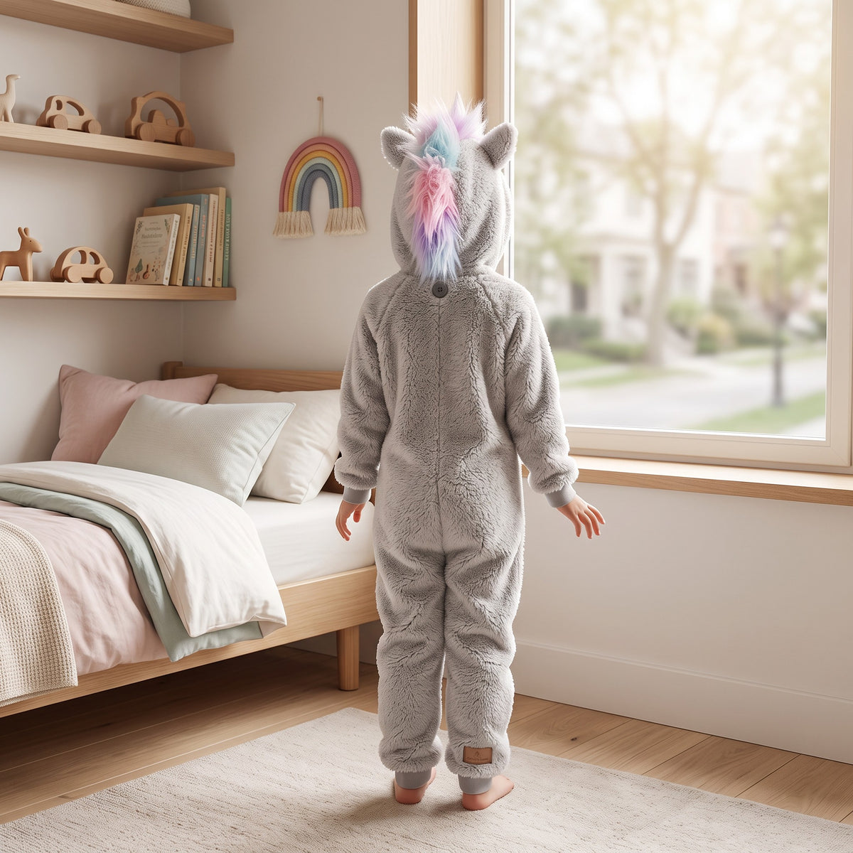 Back of the grey sherpa unicorn onesie showing the mane running down the hood