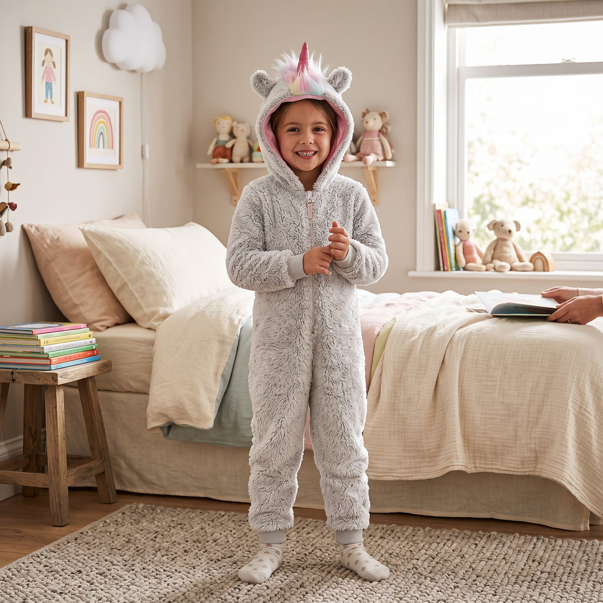 Girl standing in a grey fluffy unicorn onesie with pink horn and rainbow mane hood