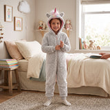 Girl standing in a grey fluffy unicorn onesie with pink horn and rainbow mane hood