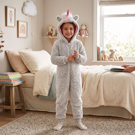 Girl standing in a grey fluffy unicorn onesie with pink horn and rainbow mane hood