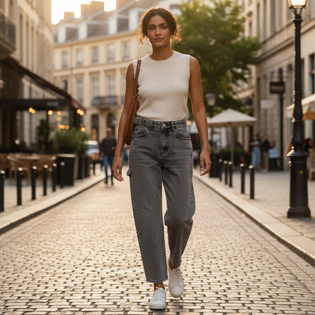 Women's grey wash high waist wide leg jeans worn with a white tank on a cobbled street