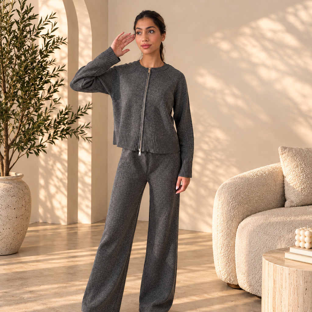 Charcoal grey zip front knit cardigan with matching wide leg trousers