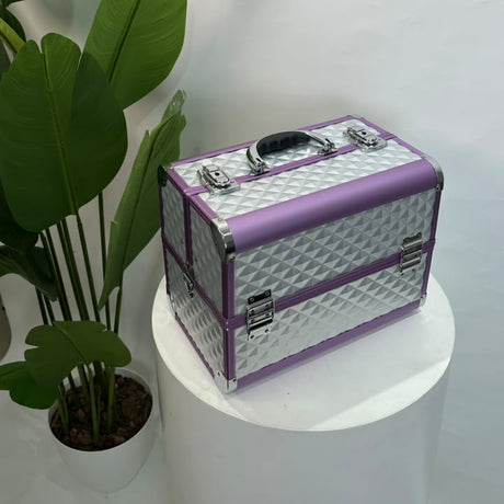 Grey diamond pattern aluminium jewelry box with purple trim and handle