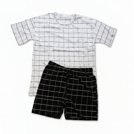 White grid print tee with black grid shorts laid flat