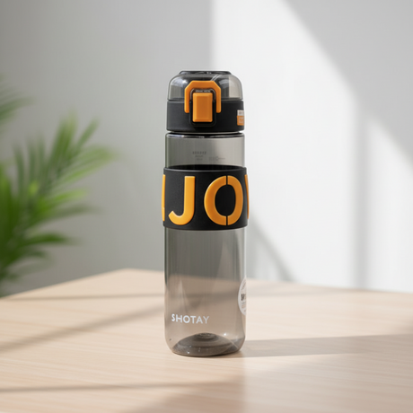 Black grip water bottle with a raised letter silicone band and a flip top lock lid