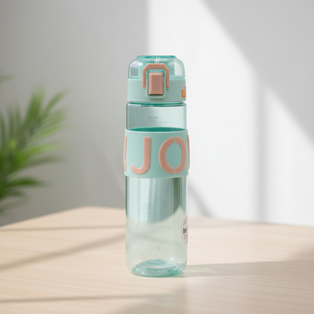 Clear water bottle with light blue accents on a light surface