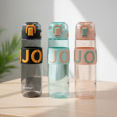 Three tall slim grip water bottles with raised letter silicone bands