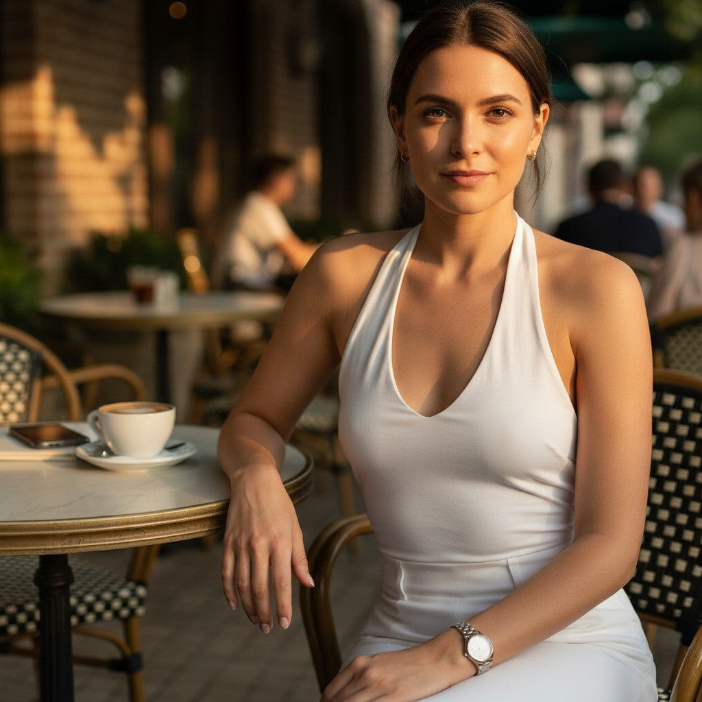 White halter neck top showing the strap loop at the back of the neck