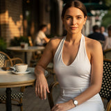 White halter neck top showing the strap loop at the back of the neck