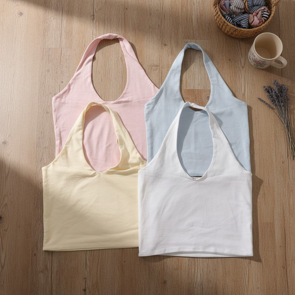 Four halter neck crop tops in pale pink, light blue, cream and white laid flat
