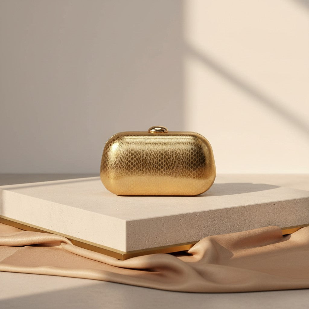 Gold hard case evening clutch with textured finish