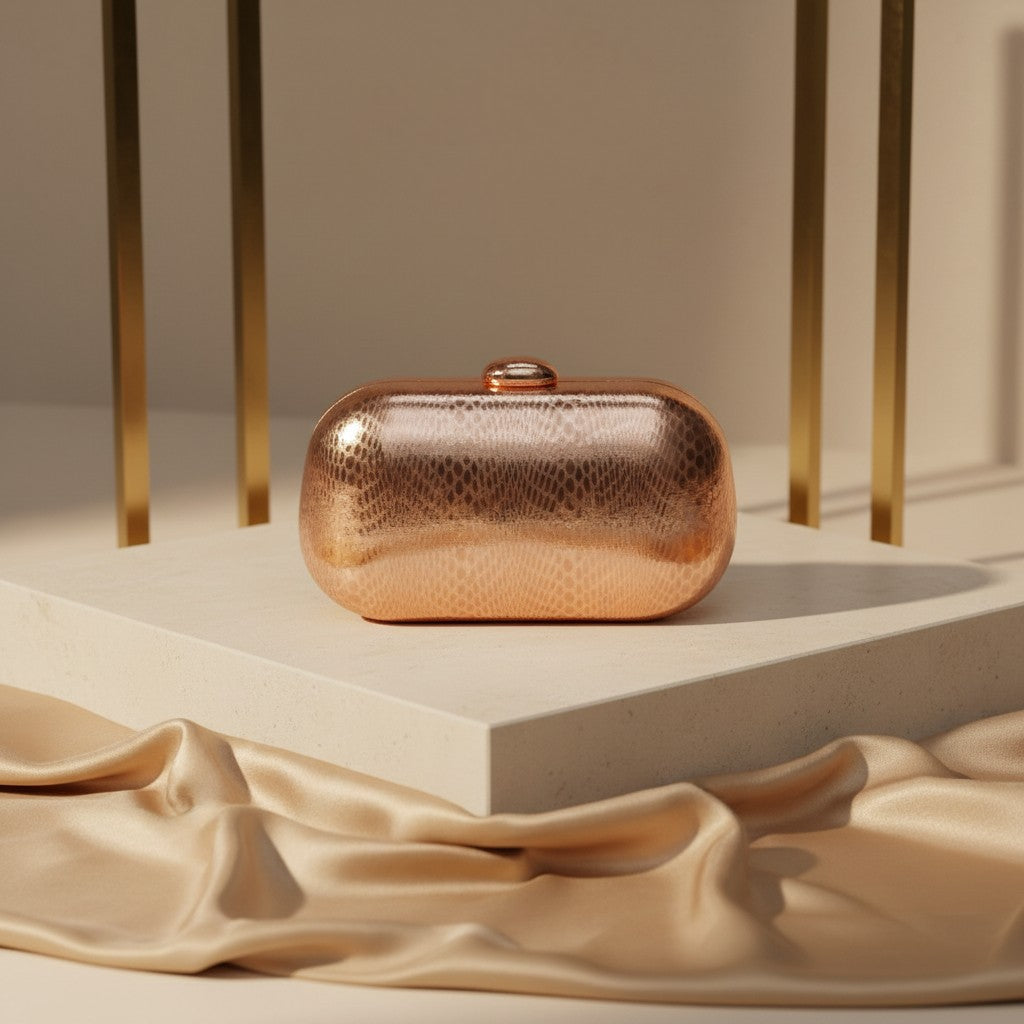 Rose gold hard case evening clutch with textured finish