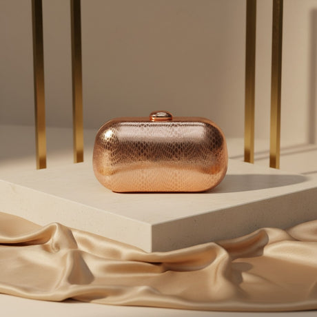 Rose gold hard case evening clutch with textured finish