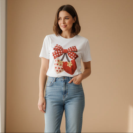 Woman wearing a white tshirt with a red bow design against a beige background