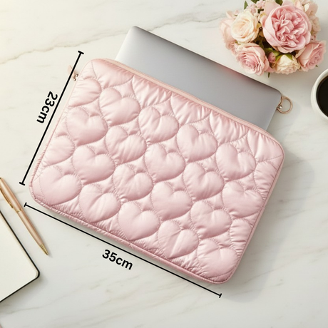 Pink heart print laptop sleeve with size measurements