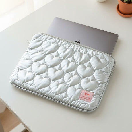 Silver heart print laptop sleeve with quilted padding