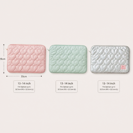 Heart print laptop sleeves in pink, green, and silver with measurements, Jack Gifts Online Lebanon
