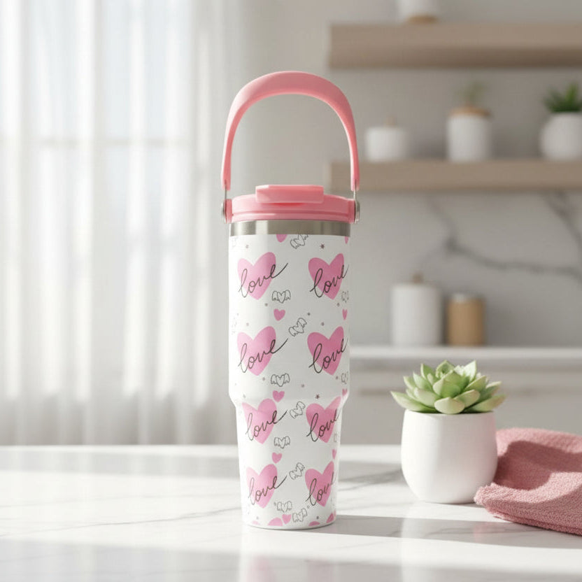White travel mug with pink hearts and repeated love script and a pink carry handle