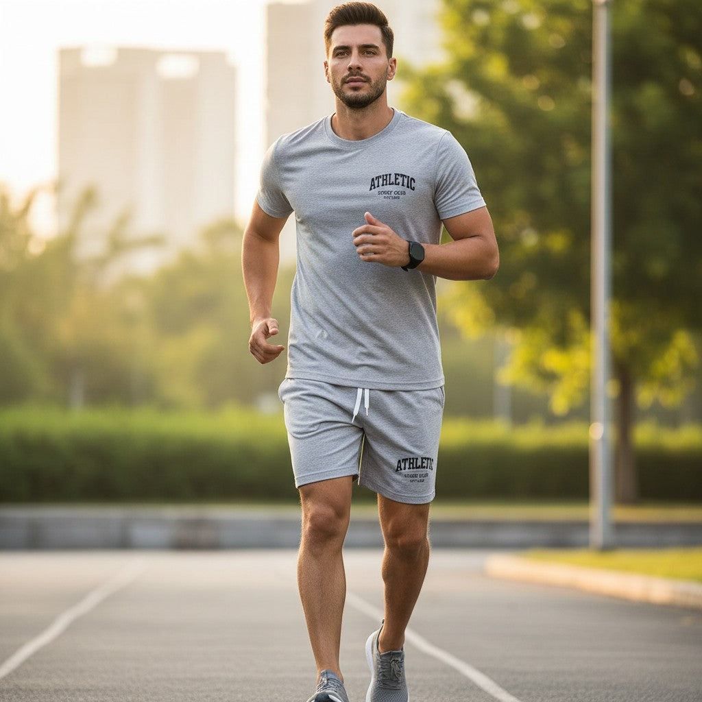 Men's heather grey athletic jogging set, t-shirt and shorts