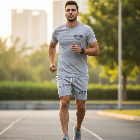Men's heather grey athletic jogging set, t-shirt and shorts