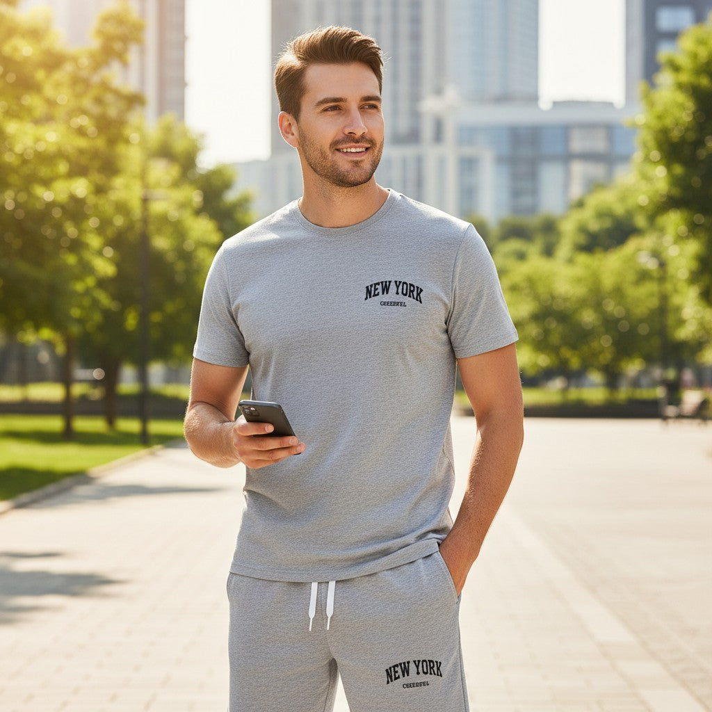 Men's heather grey New York print jogging set, t-shirt and shorts